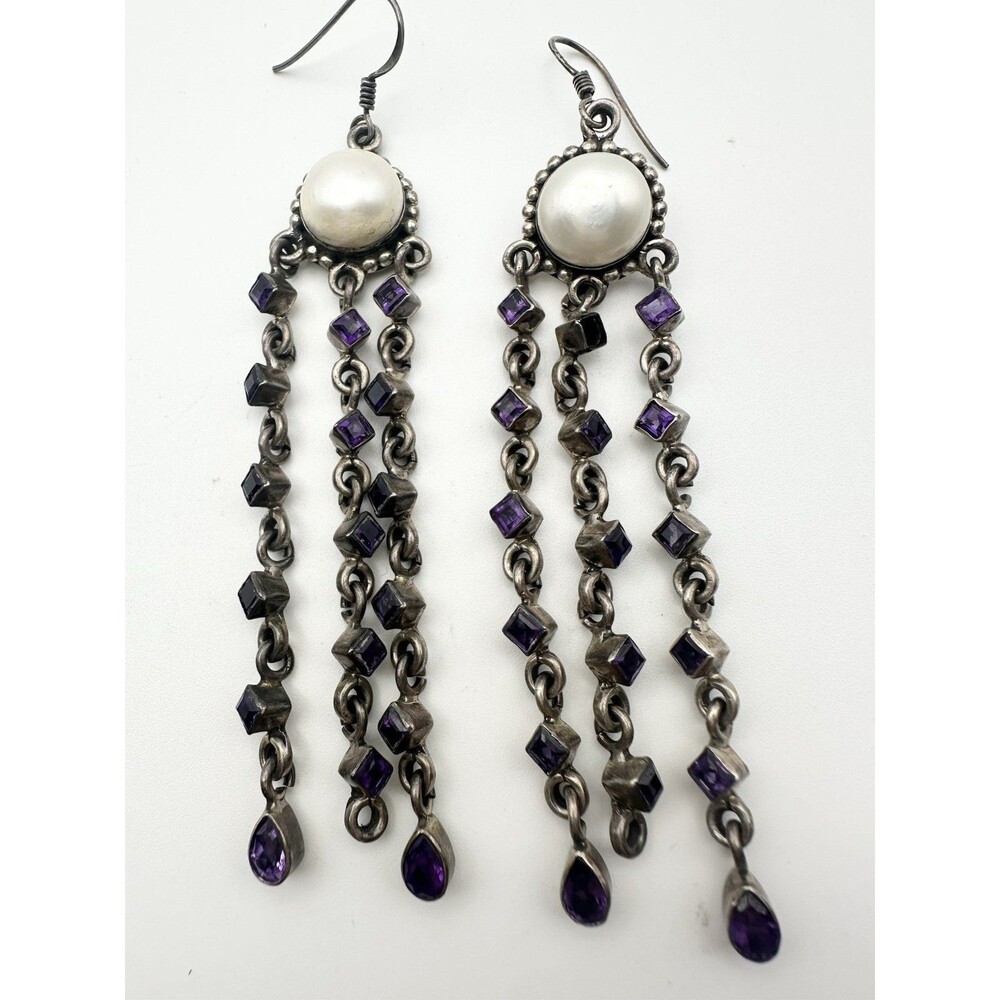 Vintage Sterling Silver Amethyst Cultured Pearl Chandelier Earrings Read